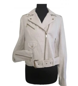 MICHAEL KORS white linen motorcycle jacket belt and zippers $362 size small - Picture 1 of 11