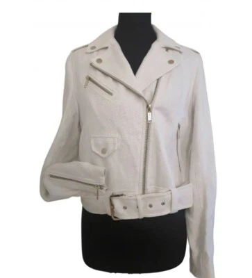 MICHAEL KORS white linen motorcycle jacket belt and zippers $362 size small - Image 1 of 4