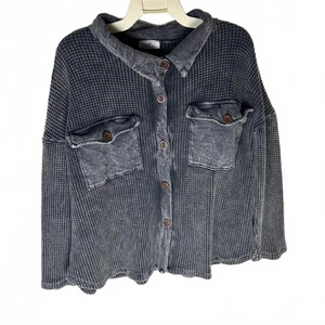 grunge style shacket acid wash waffle knit lounge oversized cozy fall size small - Picture 1 of 7