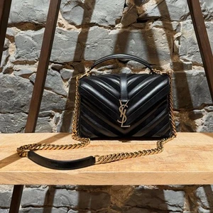 Saint Laurent Black Leather Suede Chevron Medium Monogram College Bag - Picture 1 of 20