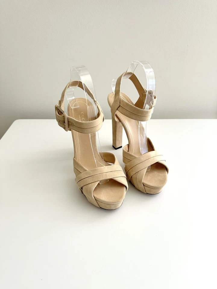 GUCCI Nude Suede Ankle Strap Chunky Heel Platform Sandals Size 38 (US 8) - Image 1 of 4