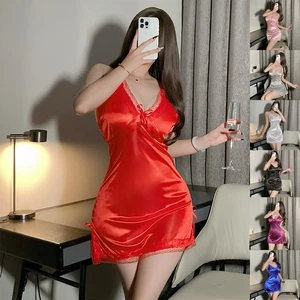 Women's Satin Suspender Nightdress Thong Sexy Lingerie in Various Colors - Picture 1 of 43