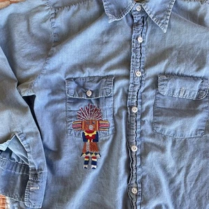 Vintage Long Sleeve Chambray Work Chore Shirt 44” Chest Embroidered Distressed - Picture 1 of 5