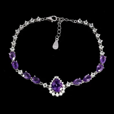 925 Sterling Silver Bracelet Pear Amethyst 9x7mm Natural Gemstone Jewelry 7in - Image 1 of 4