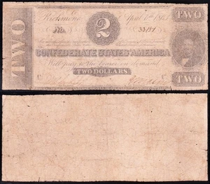T-61 1863 $2 Confederate CSA Note! FREE SHIPPING! 33151 - Picture 1 of 3