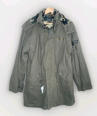 Schott NYC Army Green Camo Fleece Hooded Field Jacket Coat Size M - Image 1 of 4