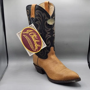 Vintage J Chisholm Mens 6241 Size 10.5D 2 Tone Leather Bullhide Cowboy Boots NEW - Picture 1 of 16