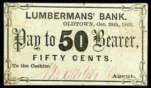 Oct 28 1862 Maine Lumbermans Bank Oldtown Civil War Era Obsolete 50¢ Banknote - Picture 1 of 2