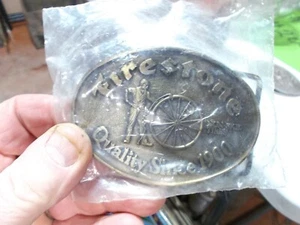 Vintage Brass Belt Buckle Firestone Quality Since 1900 - Picture 1 of 2