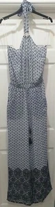 TORY BURCH Blue & White Silk Printed Halter Neck Elastic Waist Wide Leg Jumpsuit - Picture 1 of 11