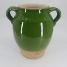 Rowe Pottery Works 2 Handled Vase Green Glazed and Tan 6.75" 