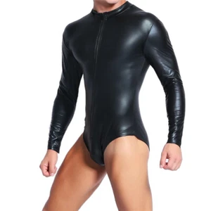 Herren Schwarz Wetlook Leder Body Overall Clubwear Catsuit Kostüm Turnanzug - Bild 1 von 14