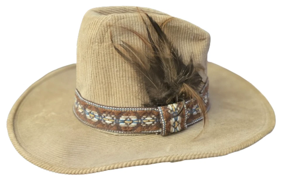 ¡Sombrero de vaquero vintage de pana emplumada con banda! Grande - Tachuelas! Dorfman Pacific Co Foto 1 de 4