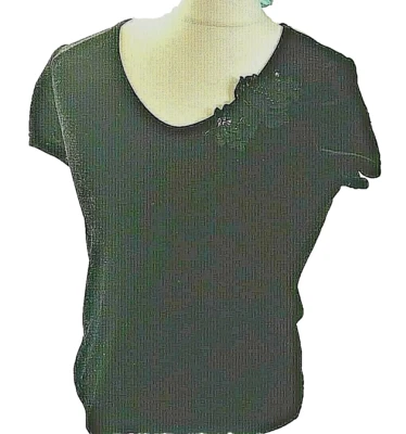 BHS PETITES TOP - Black Velvet V Neck Cap Sleeve ,Floral Motif  UK SIZE  14 - Image 1 of 4