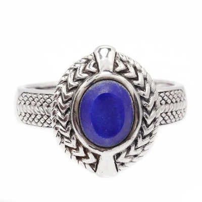 925 STERLING SILVER RING NATURAL LAPIS LAZULI OVAL CABOCHON GEMSTONE RING SIZE 9 - Image 1 of 4