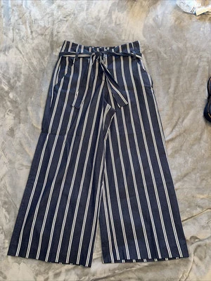 NWT NEW YORK & COMPANY 7th AVENUE PAPERBAG WAIST PANTS sz 6 Blue W/ White Stripe - Image 1 of 4