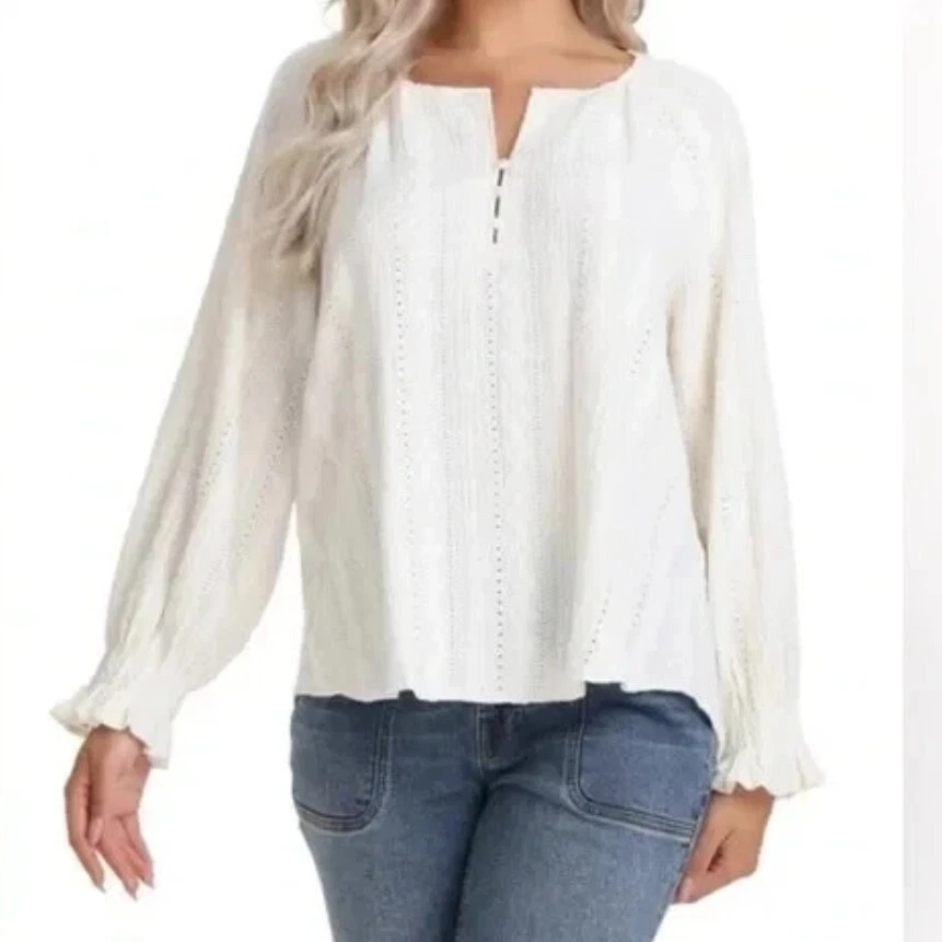 Frye Women's Textured Long Sleeve Peasant Blouse Salt Breeze Meidum (135)