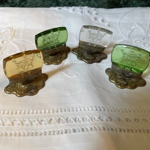 Art Nouveau Czech Intaglio Glass & Brass Place Card Holders Set Of 4 . 3 colors - Picture 1 of 7