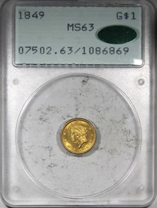 1849 Liberty Head Gold Dollar OW PCGS MS63 CAC 108X PREFIX OLD GREEN RATTLER - Picture 1 of 4