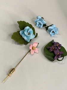 Handcrafted Hinterland Vtg Painted Leather Flower Pins Earrings Canada 4pc Lot - Picture 1 of 11
