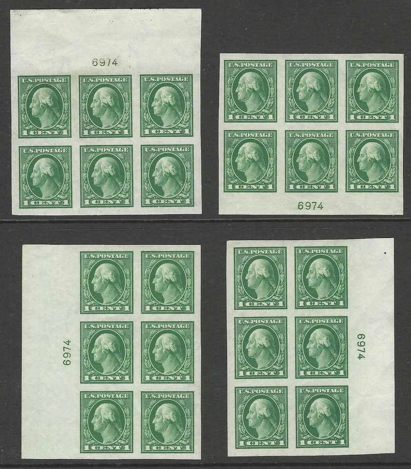 U.S., 1912, Scott #408 Imperf, 4 Diff Plate Blocks of 6, Pl. #6974, Mint, N.H. - Image 1 of 1