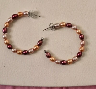 HONORA QVC Sterling silver Pearl multi color Peach Red Pink hoop Earrings - Image 1 of 4