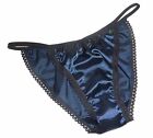 NAVY BLUE shiny SATIN panties MINI TANGA string bikini black lace Made in France