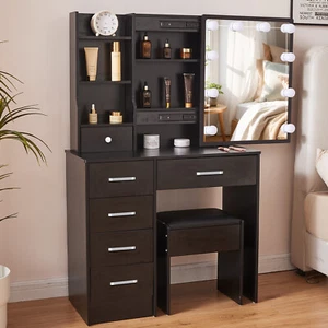 Black Vanity Set with 10 LED Lighted Mirror Makeup Dressing Table Dresser Desk - Picture 1 of 12