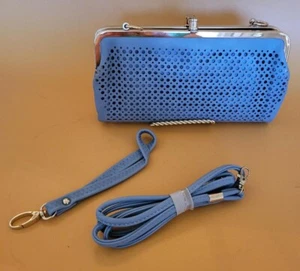 Blue Clutch w Perforated Design Metal Frame w Magnetic & Clasp Closures New - Picture 1 of 5