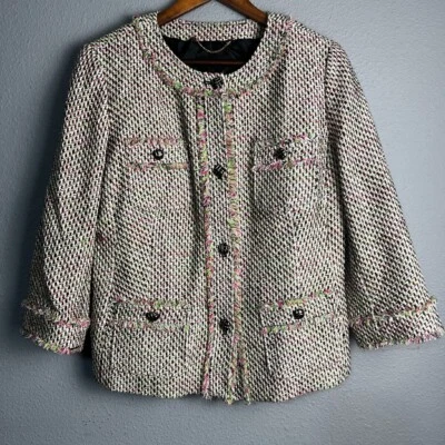 Talbots Tweed Blazer Jacket Pink Green Frayed Hem Career Wear Business Size PM - Image 1 of 4