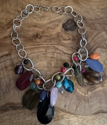 Silver Tone Oval Chain Colorful Beaded Acrylic Dangle Drop Necklace 18.5-21” - Image 1 of 4