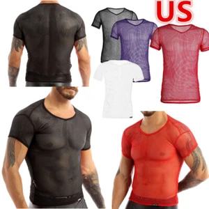 Men's Sheer Mesh Fitted Short Sleeve Muscle Tank Tops Hollow Out Undershirt - Picture 1 of 51