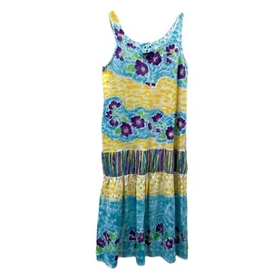 S/M Dress Hawaii Hand Painted blue White Turquoise aqua Yellow Floral watercolor - Picture 1 of 12