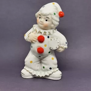 "Statuetta Vintage Porcellana Clown Suonare Batteria Bianco Punto 4,75"" - Foto 1 di 7