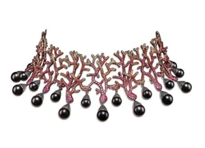 Lab Created Ruby & Black Cultures Pearl Collar Necklace For Women Wedding Wear - Picture 1 of 1