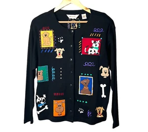 Bechamel Black Button Up Dog Embroidered Teacher Grannycore Cardigan Size Large - Picture 1 of 9