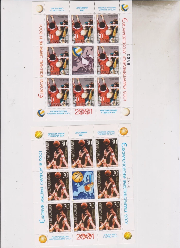 YUGOSLAVIA,2001 VOLEIBOL Y BALONCESTO Juego de sábanas MNH a Foto 1 de 1