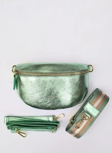 Italienische Leder Bauchtasche, Crossbody Gürteltasche Metallic Mintgrün Luxe Reise - Bild 1 von 7