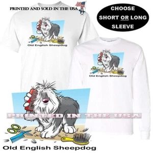 Old English Sheepdog Dog Hair Grooming Funny Cartoon Graphic Art White T Shirt - Picture 1 of 3