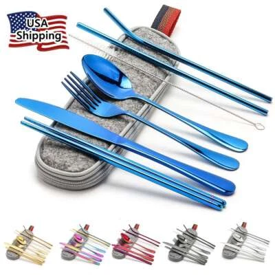 8Pcs/Set Stainless Steel Flatware Set Portable Reusable Cutlery Travel Utensils - Image 1 of 4