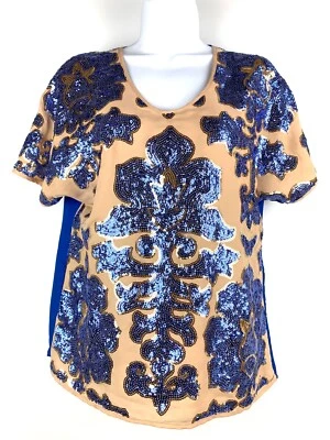 Blusa Top Lentejuelas Neiman Marcus Tracy Reese Talla XS Nueva York Azul Dorado Foto 1 de 4