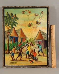 Signed Vintage DIEUDONNE ROUANEZ Haiti Haitian Painting Boys Flying Kites, NR - Picture 1 of 6