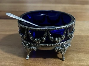 Antique Salt Cellar German Sterling Silver Footed Blue Cobalt Glass With Spoon - Picture 1 of 8
