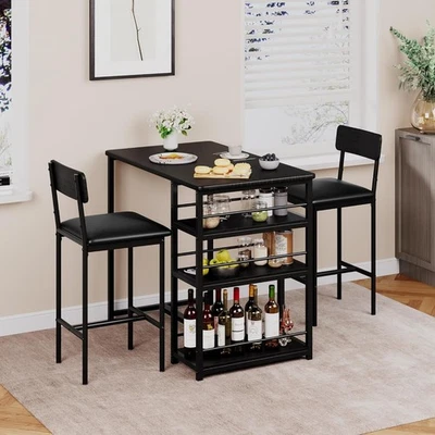 3 Pieces Bar Table Set with 2 Upholstered Stools & Storage Shelves High Dining - Image 1 of 4