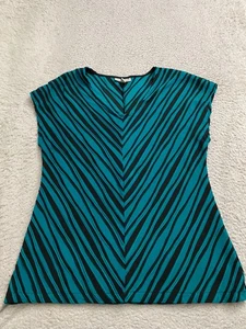 Blusa Dana Buchman Mujer Chevron Manga Corta Cuello en V Verde Negra Talla L - Imagen 1 de 8