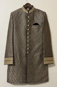 Manyavar Men's Gold & Blue Jacquard Traditional Groom Sherwani Size 95cm M 38 - Picture 1 of 17
