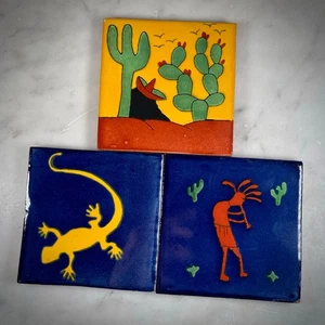 3 Vintage Talavera Hand Painted Mexican Clay Tile Kokopelli Lizard Sleeping Man - Picture 1 of 16