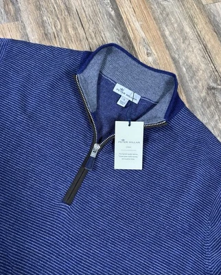Peter Millar Crown Sweater Men's M Blue Needle Stripe Merino Wool 1/4 Zip Golf - Image 1 of 4