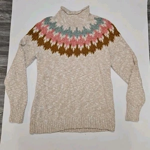 LL Bean Sweater Women’s M Beige Funnel Roll Neck Fair Isle Cotton Outdoor - Picture 1 of 4