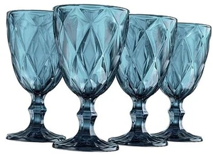 Navy Blue Goblet Glasses - Set Of 4 (10 oz) Vintage Water, Wine, Drink - Picture 1 of 7